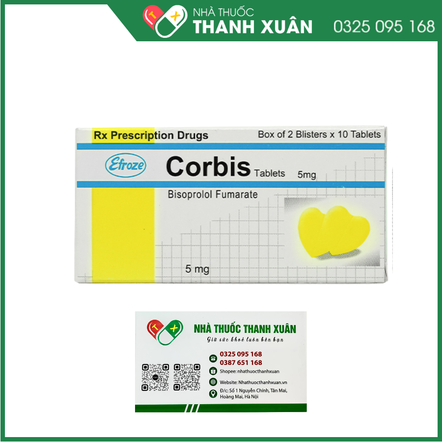 Corbis Tablets 5mg trị tăng huyết áp, đau thắt ngực (2 vỉ x 10 viên)